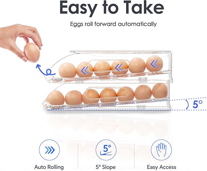 SMRCAD 36-Egg Dispenser with Silicone Bumpers, Auto-Rolling, Stackable | BPA-free food-grade PET | Stackable with lid | Built-in handle | Fits Large to Jumbo Eggs | Hand wash only