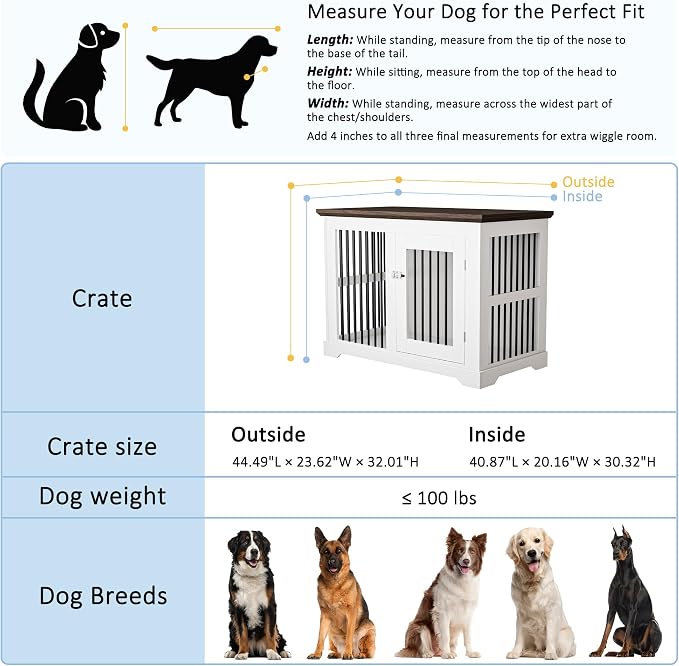 44" Wooden Dog Crate Furniture,Large Kennel Pet Cage End Table for Indoor | for XXL XL Medium Dogs, White and Wood, Fits Living Room Bedroom, Heavy Duty Steel Frame with Lock 100 lbs Cap, 100 lbs Top.