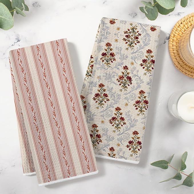 3 Pcs Retro Flower Kitchen Towels, Colorful Flower Soft Absorbent Hand Tea Towel, Microfiber Dish Cloths for Drying Dishes, Waffle Dish Towels for Kitchen Farmhouse Decor, Floral Gifts for Women Mom01