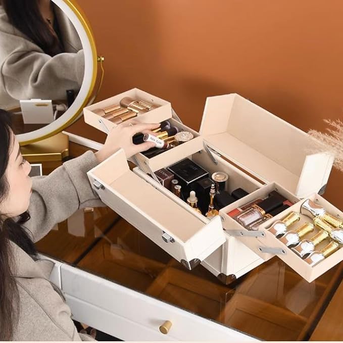 Makeup Organizer Portable Multi-Function Make Up Case, Dustproof Cosmetic Storage Box, Cosmetics Organizer Skin Care Products Jewelry Organizer Case Box for Bedroom Bathroom Desktop Travel Cosmetic Di
