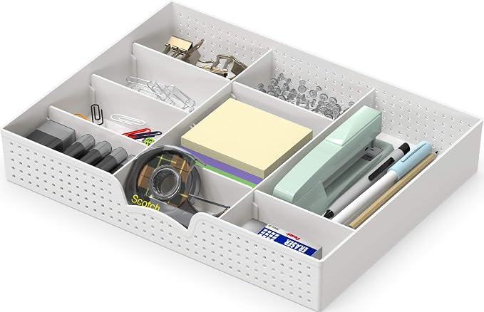 Simple Houseware Drawer Organizer Tray, 9 Adjustable Compartments, White | For Office, Makeup, and Craft Drawer or Desktop Storage