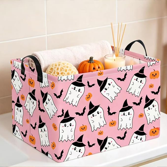NTAO Gift Storage Basket Empty for Halloween, Storage Bin with Handles, Room Decor, Book Box(Pink Ghost Bat)