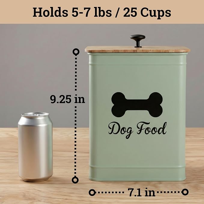 Metal Dog Food Container 5-7lb, 25 Cup w/ Airtight Bamboo Lid, Metal Handle | Pet Jar For Dogs up to 50lbs, Airtight Bamboo Lid, Sturdy Comfortable Metal Handle, Powder Coated Iron, Kibble Storage Bin
