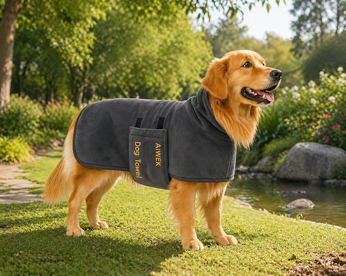 Dog Towel Dog Bathrobe, Microfiber Super Absorbent Pet, Quick Drying Robe for After Bath, Adjustable Collar & Belly Strap Pet Cat Bath Robe Towel Grey-2XL
