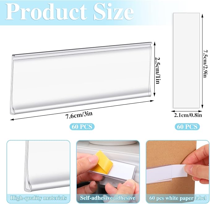 60 Set Shelf Labels, 3 x 1in Adhesive Label Holders with White Paper Tags | Includes 60Pcs Paper Tags and 60Pcs PVC Clear Label Holders for Bookshelf, Shelves, Mailboxes, Waterproof, Strong Adhesive