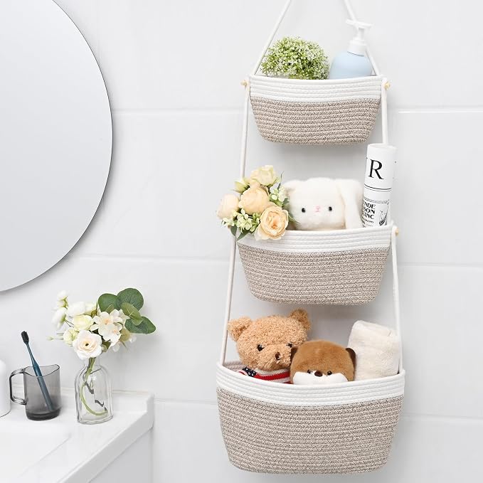 Hanging Basket, 3-Tier Woven Wall Basket with 4 Hooks, Cotton Rope Storage Baskets, Over the Door Organizer for Nursery, Bedroom, Cottage and Boho Wall Decor