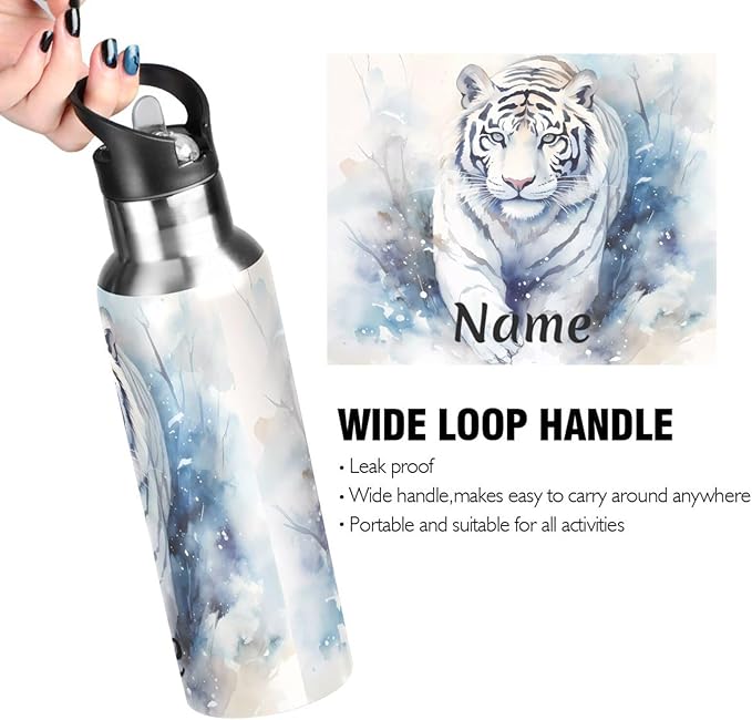 Custom Name Tiger Walk Water Bottle with Straw Lid Kids Insulated Stainless Steel Water Flask Sports, 20 Oz Hot Cold