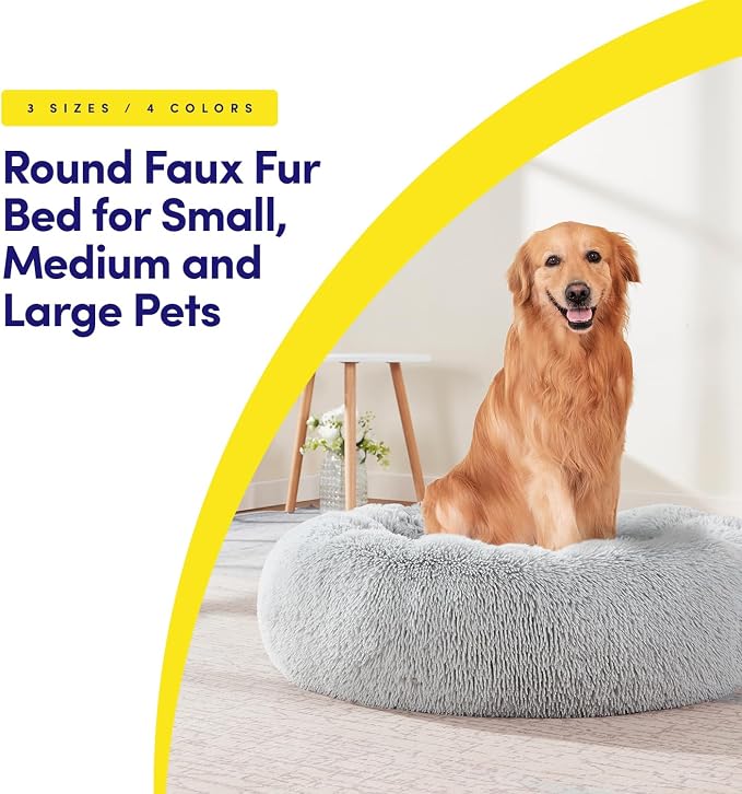 Dog & Cat Bed: Round Faux Fur Pet Bed - Plush, Cozy, & Calming Donut Bed for Large Pets - Soft & Comfortable Sleeping Cushion for Napping & Lounging, 30" Round, Silver