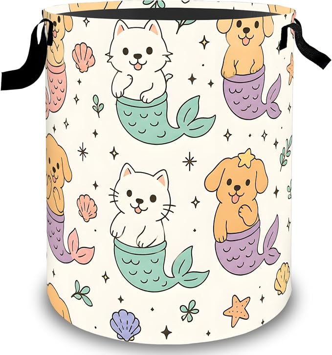 Cute Mermaid Pet Laundry Basket Hamper, Organizer Bins Gifts for Women Kids, Cat Dog Art Foldable Waterproof Clothes Hamper Handles Storage Bucket for Bedroom Bathroom Room Decor 19.7"x15.7"