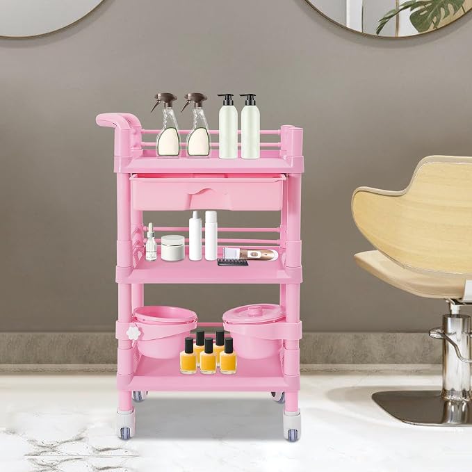 Mobile Salon Storage Cart with Wheel and Drawer, Portable 3-Tier Professional Trolleys, 176 Lbs Load Utility Tool, for Barber Stores, Spas, Homes, Beauty Store, Pet Shops (Pink)