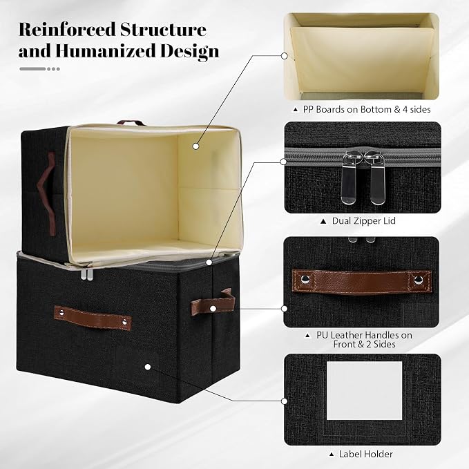 ANMINY Small Storage Box Fabric Bins with Zipper Lid, 10"x8"x7" Black 3PCS | Keepsake Box, Decorative, Cotton Linen, Reinforced PP Board Frame, Washable, Stackable & Foldable, Label Holder & PU Handles