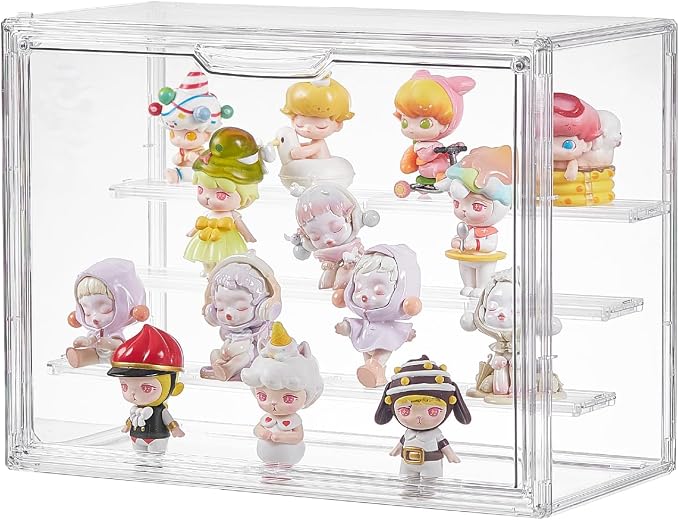 3 Tiers Clear Acrylic Display Case, Plastic Storage Bins with 2 Adjustable Divider and Magnetic Door,Stackable Display Box for Figures Showcase (XLarge -with 3 partition plate-1pack)
