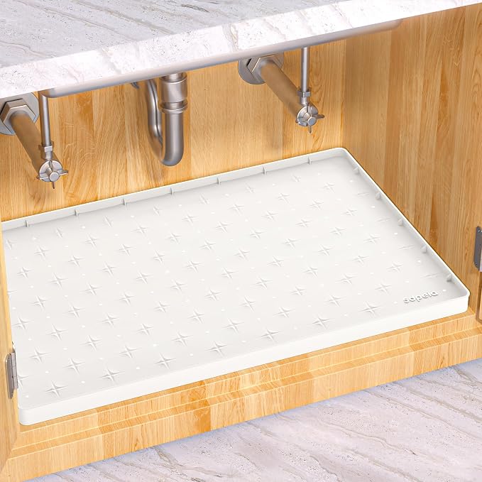 Sdpeia Under Sink Mat 22"×19" Waterproof Silicone Cabinet Liner & Sink Protector for Kitchen & Bathroom, Multi-Purpose Organizers Tray for Pets, Laundry, Cat Litter Mat, White