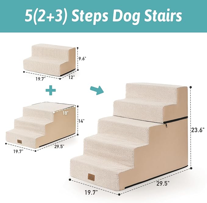 COZY KISS Dog Stairs for Small Dogs, 5 Step Pet Stairs for Beds & Couches | 23.6" H Wide Non-Slip Dog Steps with Removable Tiers & Support Board for Puppies, Older Cats & Dogs, Beige