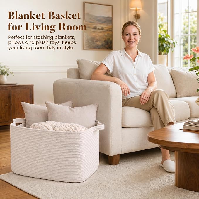 65L Large Woven Blanket Basket for Living Room, 19.7"x15.7"x11.8" | Nursery Laundry Hamper with Handle for Organizing Blankets, Pillows, Toy Storage With Handle, Large Baskets for Organizing