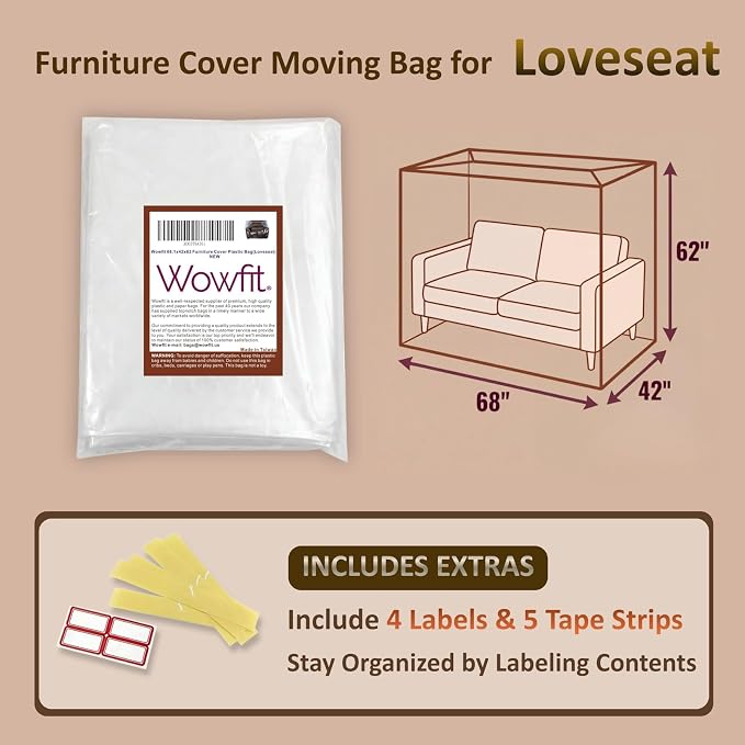 Wowfit 4mil Furniture Cover for Moving, Couch Storage Bag, 68.1Wx42Dx62/41H | With Tape Strips & Labels, Clear, Heavy Duty, Waterproof, Dustproof, Loveseat/Recliner, Sectional Piece, Garage, Outdoor