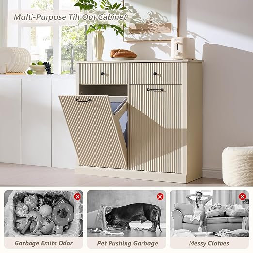 IFGET Double Tilt-Out Trash Cabinet, Fluted Laundry Hamper Cabinet, Cream