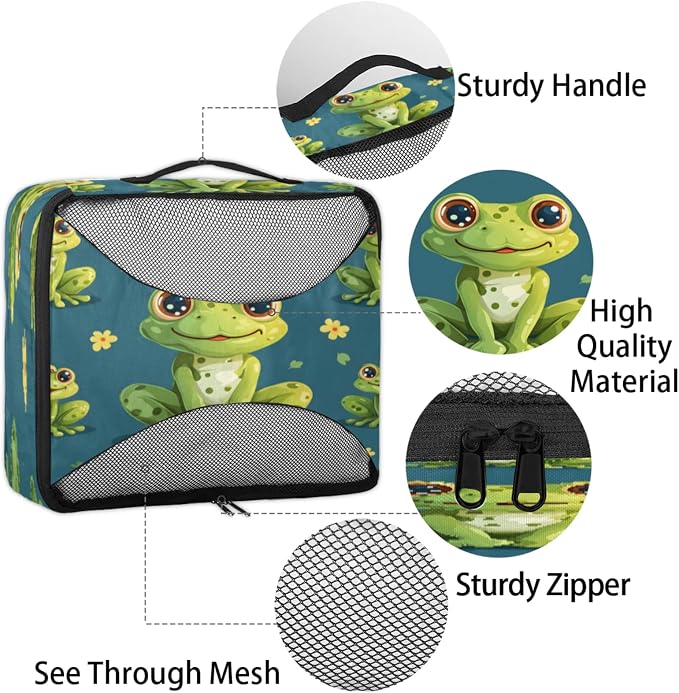 4 Set Packing Cubes for Travel, Frog Cute Animal Packing Cubes for Women, Travel Luggage Packing Organizers, Packing Cube Set, Cute Frogs Flower