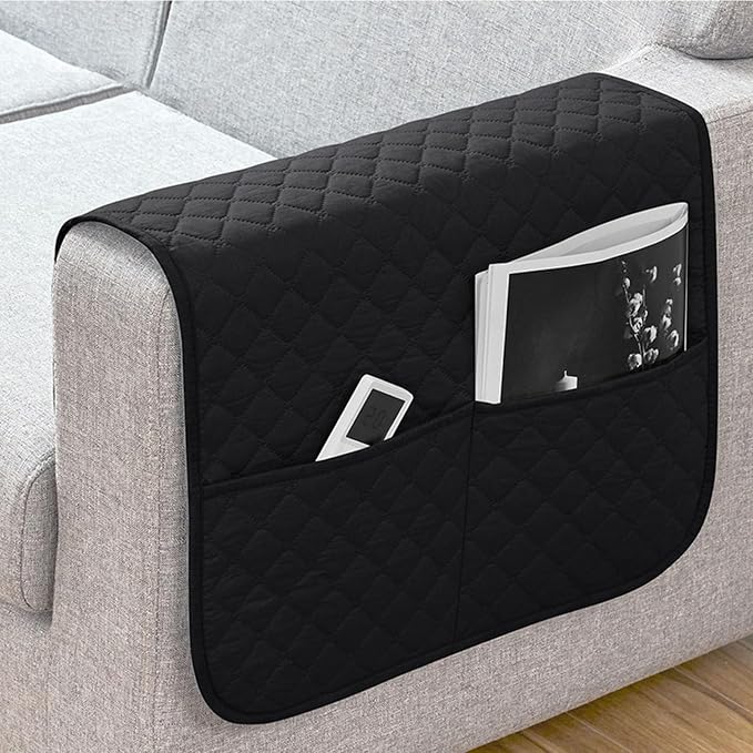 Anti-Slip Arm Rest Covers for Sofa Organizer Polyester Pongee Waterproof Couch Arm Covers with Side Pocket Arm Chair Covers, Arm Chair Bedside Storage(Black)
