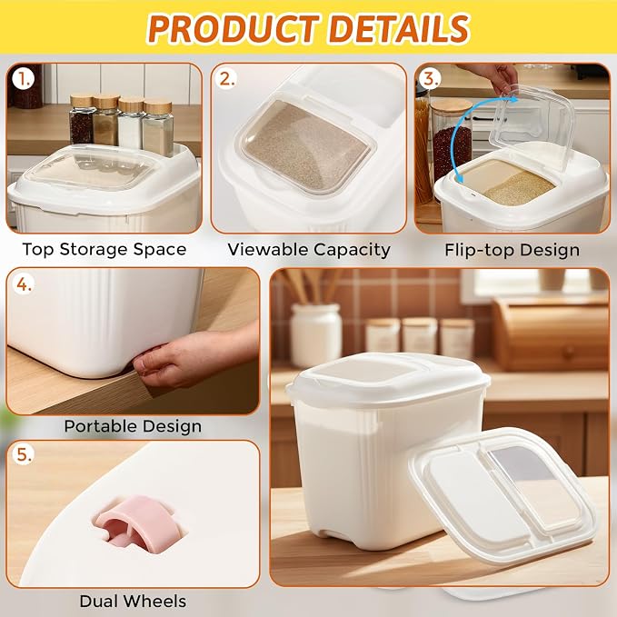 Blushtier 4 Pack Sugar Storage Containers Flour Bin with Wheels Large Pet Dog Food Storage Boxes Measuring Cup Sealed Transparent Flip Lid Portable Household Rice Container Set(30 Lbs)