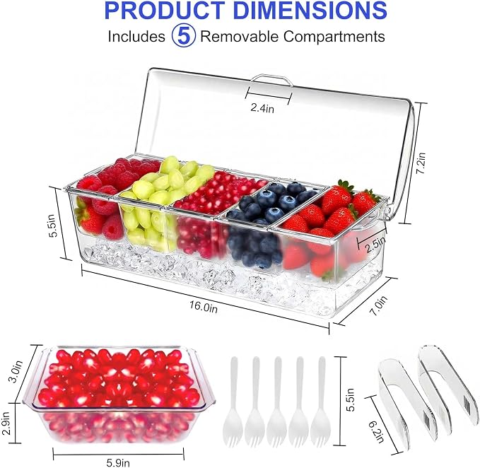 Large Ice Chilled Condiment Caddy，Chilled Condiment Containers Server with Lids for 5 Removable Compartments ，Serving Platters, Fruit & Garnish Tray for Party Supplies & Bar Accessories