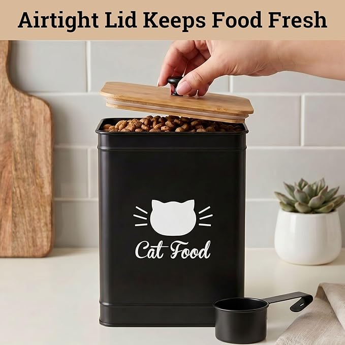 Cat Food Container with Scoop 5-7 lb (25 Cup), with Airtight Bamboo Lid | Cat Kibble Canister with Metal Scoop, 25 Cups, Chew Proof Iron Body, Powder Coated, Airtight Bamboo Lid, Sturdy Metal Handle