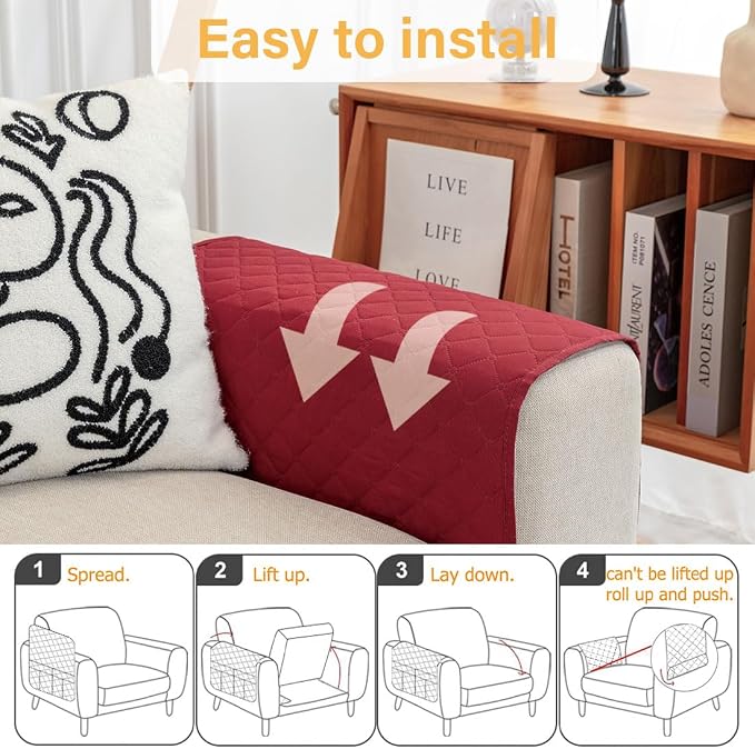 Sofa Armrest Organizer Waterproof Armchair Caddy for Couch Remote Control Holder for Recliner Non Slip Recliner Caddy with 6 Pockets for Magazine, Tablet, Phone, iPad, Wine Red