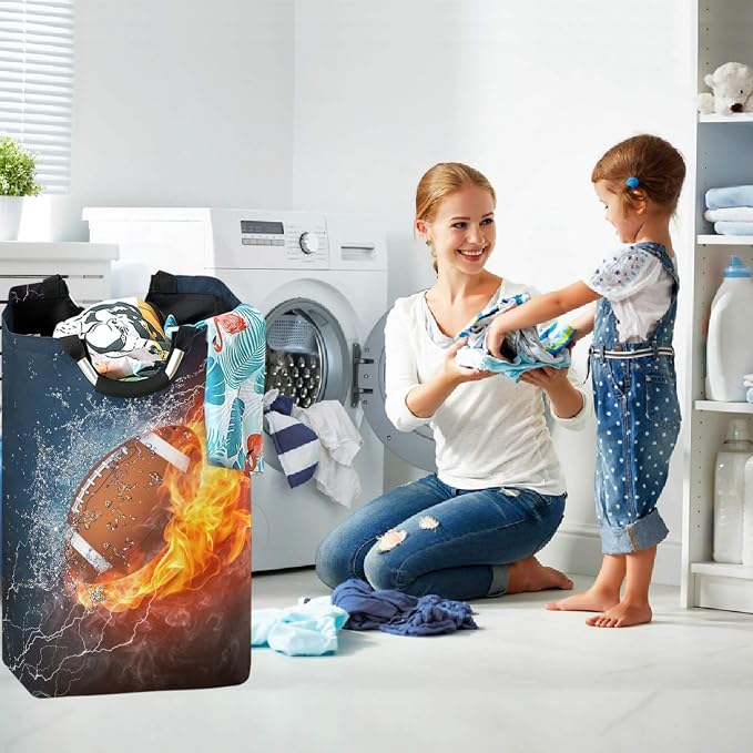 visesunny Cool American Football 3D Print Large Capacity Laundry Hamper Basket Water-Resistant Oxford Cloth Storage Baskets for Bedroom, Bathroom, Dorm, Kids Room