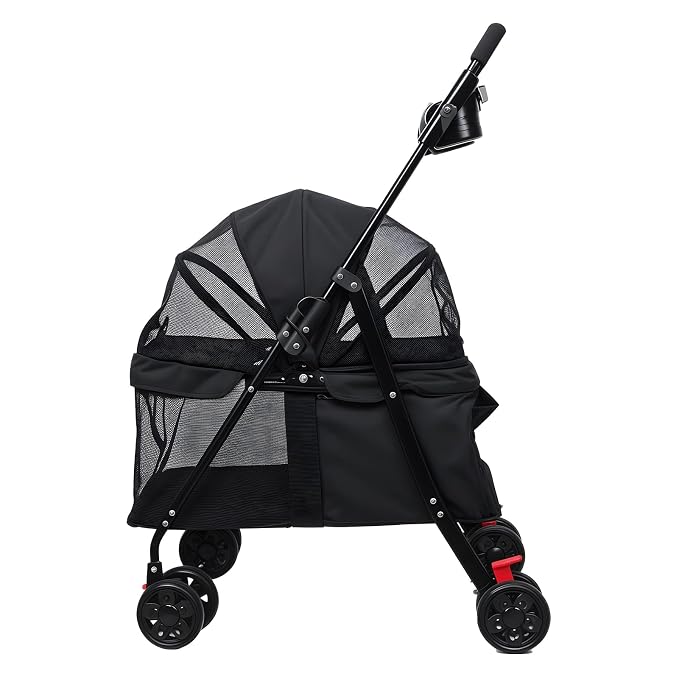 4‑Wheel Foldable Pet Stroller, Travel Strolling Cart for Small & Medium Dog | Breathable Visible Mesh Window, Cup Holder & Storage Basket, Rear Wheel Dual Brake, Portable Folding Design Black