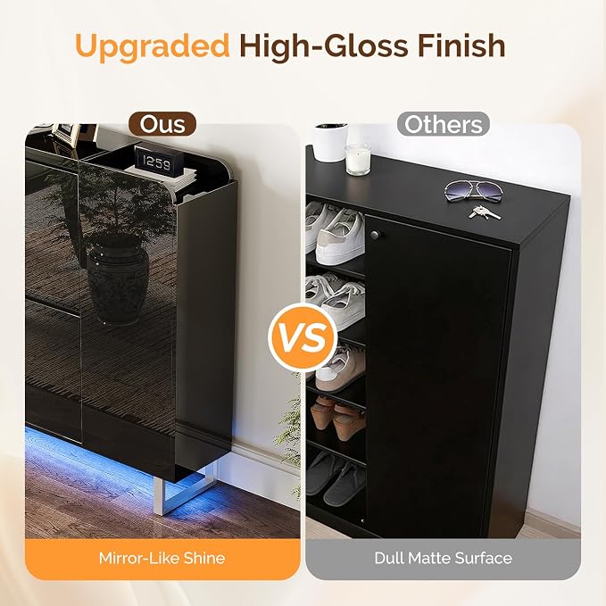VINGLI Black Shoe Cabinet with LED Lights, Narrow Shoe Storage Organizer with 2 Flip Drawers & Side Cabinet for Tall Boots, Slim Entryway Hidden Shoe Rack Space Saving, Modern High Gloss, 42"