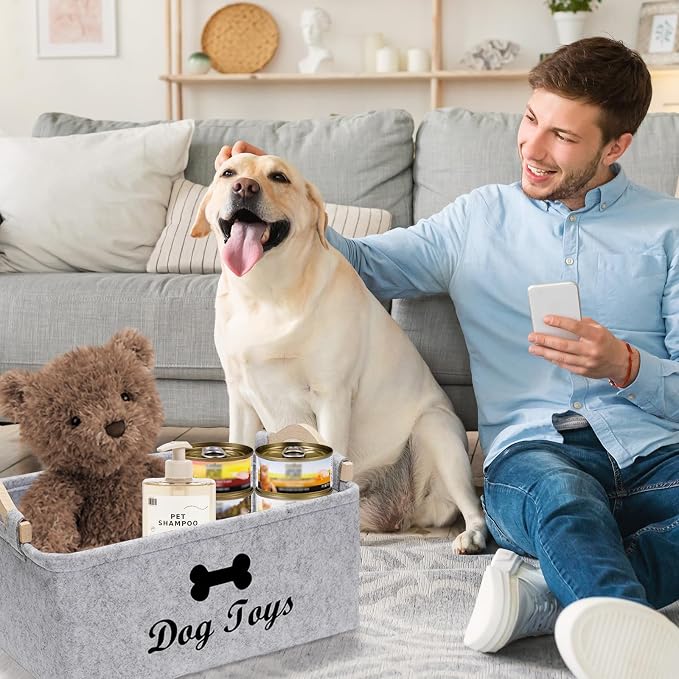 Puppy Toy Storage Box, Grey Puppy Toy Box Storage Basket, 15 x 11 x 7 inch Large Dog Toy Basket for Organizing Pet Toys, Blankets, Leashes
