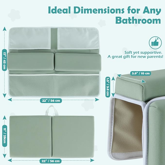 Baby Bath Kneeler and Elbow Rest Pad Set, Gray Green | 1.5" Thick Soft Memory Foam, Bath Toys Organizer, Non-Slip, Quick-Dry, Foldable, Gift for Parents