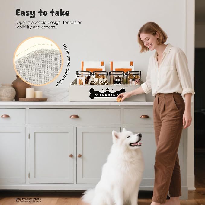 Dog Treat Container, Dogs Storage Organizer with Removable Dividers, Collapsible Dogs Treat Holder for Countertop, Trapezoid Pet Treats Containers, Dog Toy Basket with PU Handles, Large, Beige