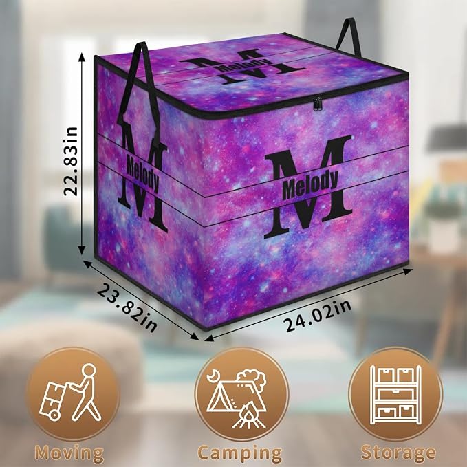Custom Extra Large Storage Baskets Name with Lid, Personalized Initial Letter Storage Bins Basket Boxes Handles for Clothes Blanket Bedroom Closet Organizing Shelves, Watercolor Purple Universe