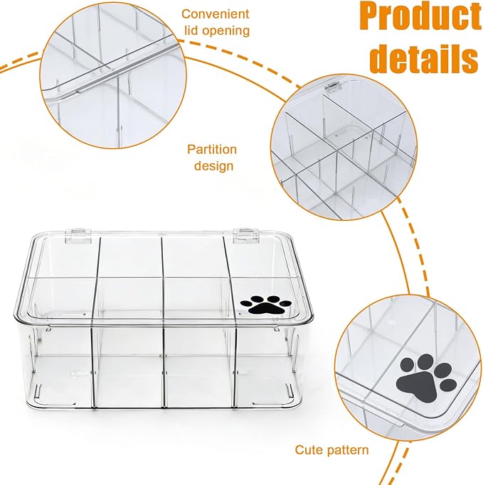 Dog Treat Container, Clear Pet Food Storage Container with Lid and Removable Dividers, 8 Compartments Dog Organization and Storage Box for Countertop, Cabinet, Pantry, Gift for Pet