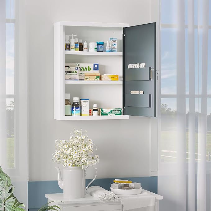 kleankin Bathroom Medicine Cabinet, Lockable, Shelves On Door, White Grey | Shelves Inside, First Aid Bathroom Wall Medical Cabinet