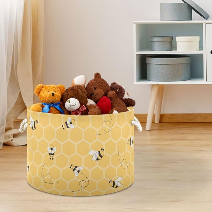 DOMIKING Large Storage Basket for Toys Bee Yellow Print Storage Bin Box Laundry Basket for Nursery Room Home Decor, Pet Toy, Blankets