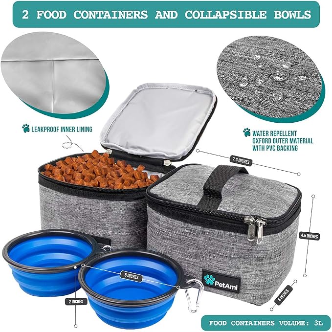 PetAmi Dog Travel Bag Organizer, Pet Supplies Tote Diaper Bag, Gray Medium | Pet Travel Kit with 2 Food Containers & 2 Collapsible Dog Bowls, Luggage Sleeve, Weekend Getaway Road Trip Camping Essentials