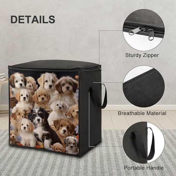 Cute Pet Dogs Storage Bags Comforter Quilt Blanket Clothes with Zipper & Handles Easy to Fit King Size Comforter Set Closet Under Bed Organizer for Dorm Pillows Bedding 70L