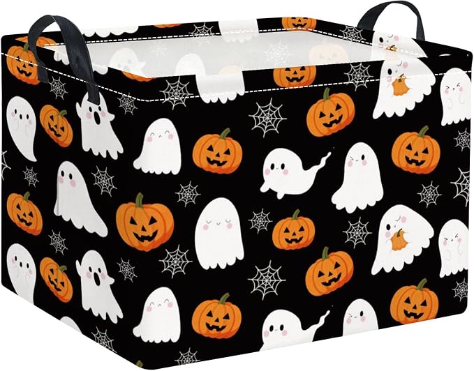 Rectangular Halloween Basket for Boys and Girls Kids Trick or Treat Pumpkin Basket for Halloween Parties Cute Storage Bin Organizer Box Room Decor(Spider Web Ghost)