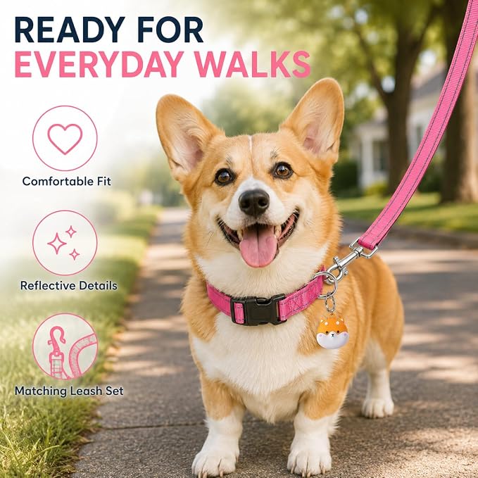Reflective Soft Neoprene Padded Matching Dog Collar with Leash Airtag Holder Case Set Safety Breathable Adjustable Nylon Dog Collars for X-Small Small Medium Large Dogs-Pink-M