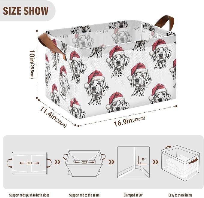 Cute Christmas Dalmatian Dog Storage Basket Foldable Cube Storage Bins with Handles&Label Waterproof Organizer Box Bin Large Rectangle Decorative Baskets for Shelves Home Room Laundry, 2 Pack