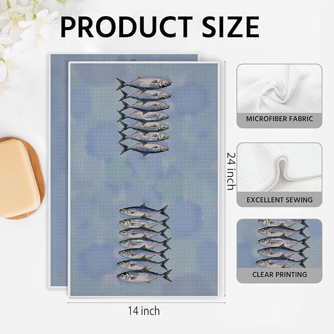 2PCS Vintage Sardines Oyster Kitchen Towels 14x24 Inch, Microfiber Decorative Dish Cloth Tea Towel, Sardines Waffle Hand Towels for Home Farmhouse Kitchen Bathroom, Housewarming Gifts for Women Men