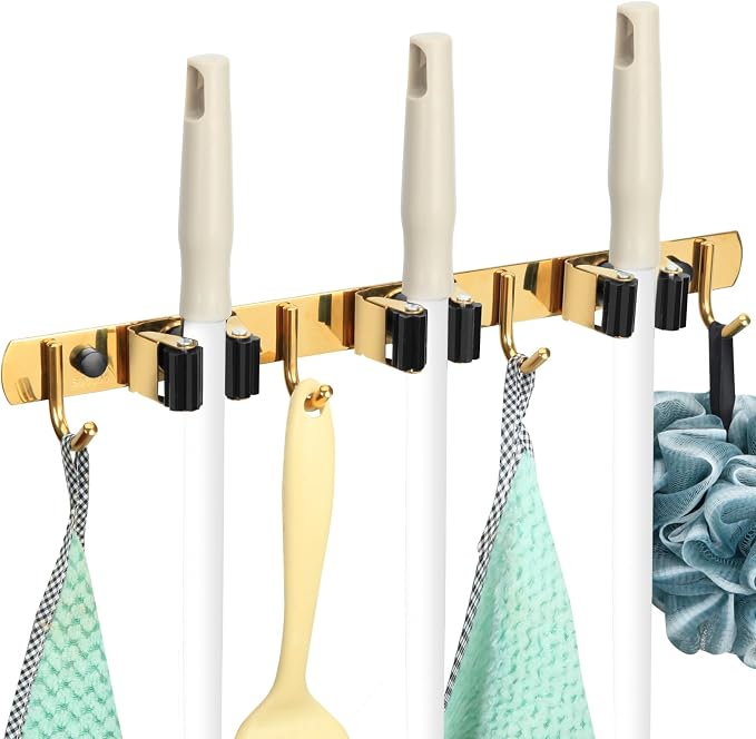 3 Racks and 4 Heavy Duty Hooks Mop and Broom Holder Wall Mount, Non-slip Organizer Storage Utility Tool Racks for Garage,Kitchen,Laundry Room,Garden. Gold