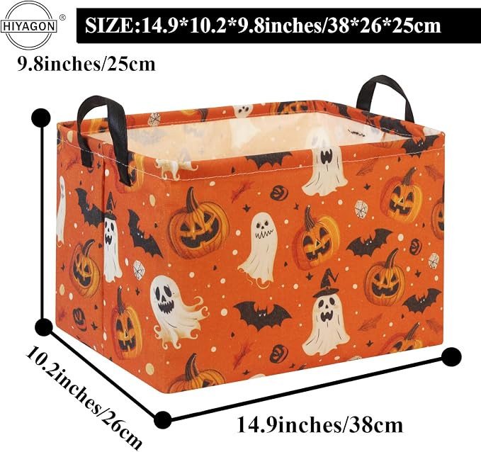 Rectangular Halloween Basket for Boys and Girls Kids Trick or Treat Pumpkin Basket for Halloween Parties Cute Storage Bin Organizer Box Room Decor(Yellow Pumpkin Ghost)