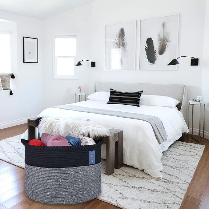 COMSE XXXLarge Woven Blanket & Laundry Basket, 87L, Black & Gray | 21.7" x 13.8", Cotton Rope, Nursery Hamper for Storage of Toys Clothes Towels, Ideal for Living Room Bedroom Bathroom