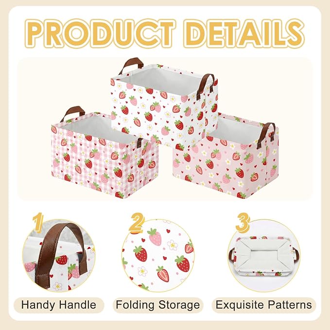 Britimes Strawberry Storage Baskets for Gifts, Toy Storage Bins Box, 3 Pcs | Cute Strawberry Canvas Collapsible Baskets Organizer with Handles Pink Nursery Decor Laundry Basket for Shelves Closet