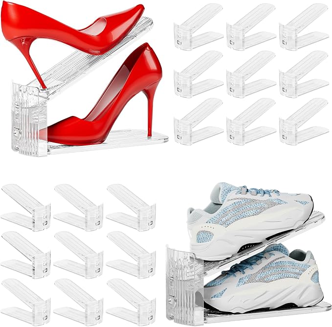 Shoe Stacker, Shoe Slot Organizer for Closet, Shoe Storage Rack | 20 Pack, Clear, 50% Space Saver, 3 Adjustable Height, Tool-Free Assembly, 30% Thicker, Superior Load Bearing