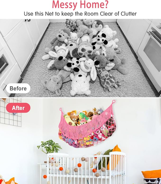 Stuffed Animal Hammock - Extra Large 63'' Long (Pink) | Premium Cotton Hand-knitted, Beautiful Long Tassel, Storage Hanging Organizer, Can Fit Stuffed Animals 40 Piece or More