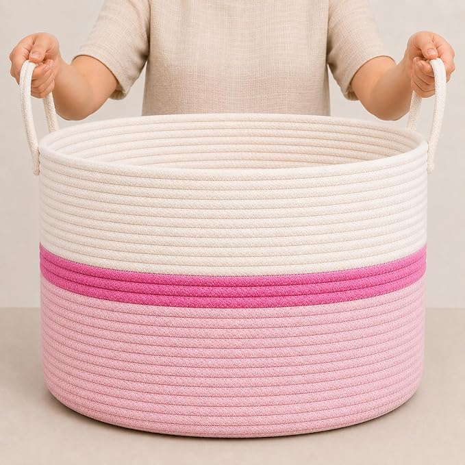 OrganiHaus Round Toy Basket & Blanket Basket, Cotton Rope 20x13" | Striped Pink - Round Cotton Rope Basket, 20x13"